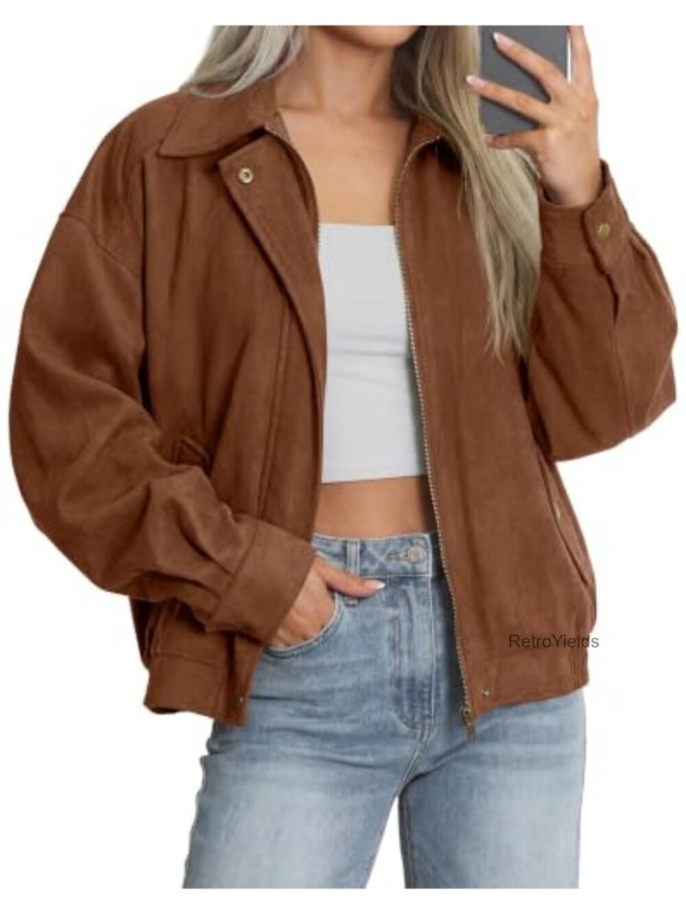 Faux Suede Bomber Jacket Long Sleeve Zip Up Cropped Coat
